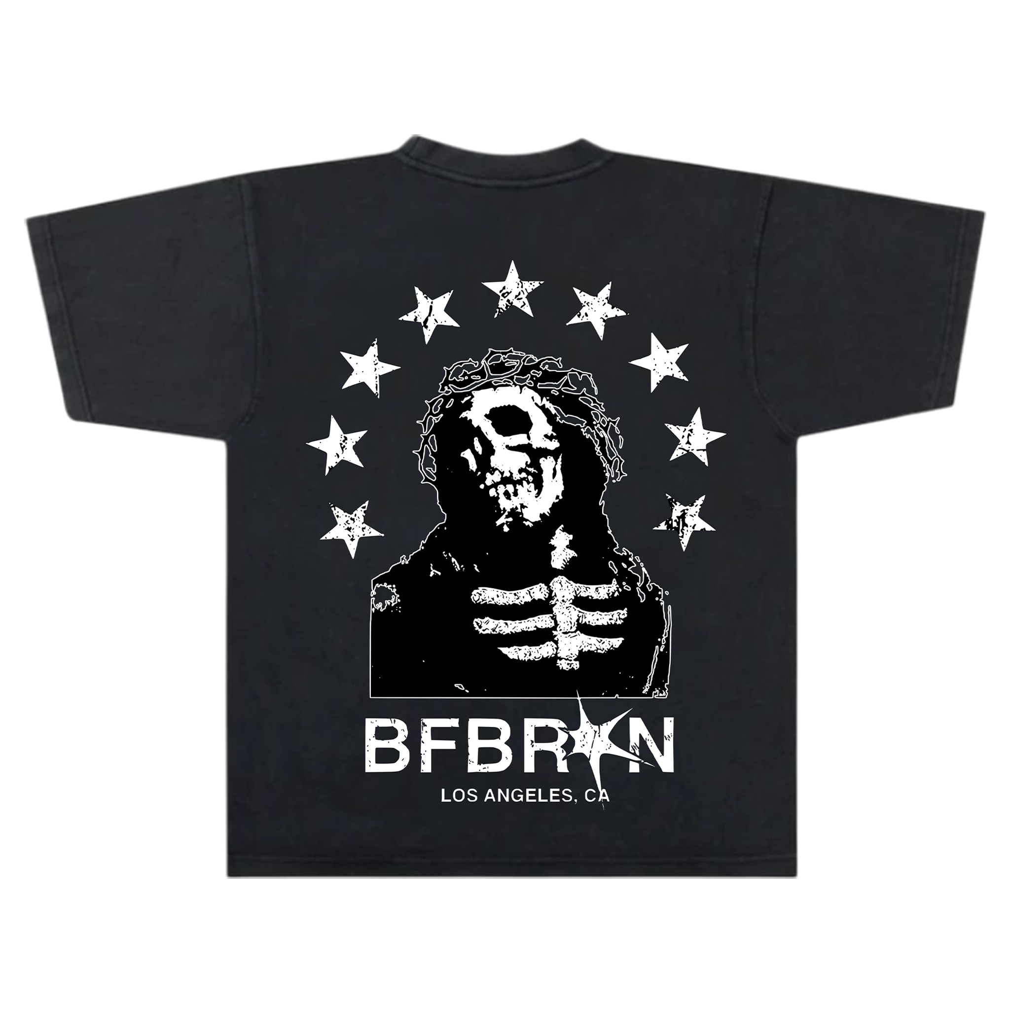Black t-shirt with a skeleton design and 'BFBRKN' branding on a white background